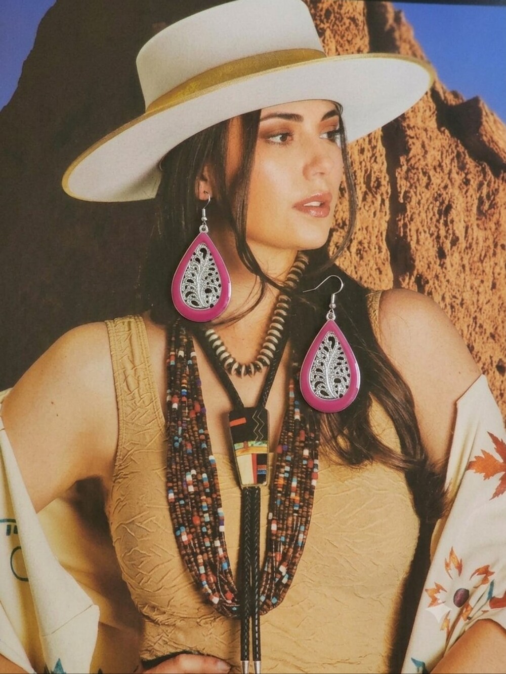 SALTY PINE Pink Teardrop Filigree Dangle Earrings